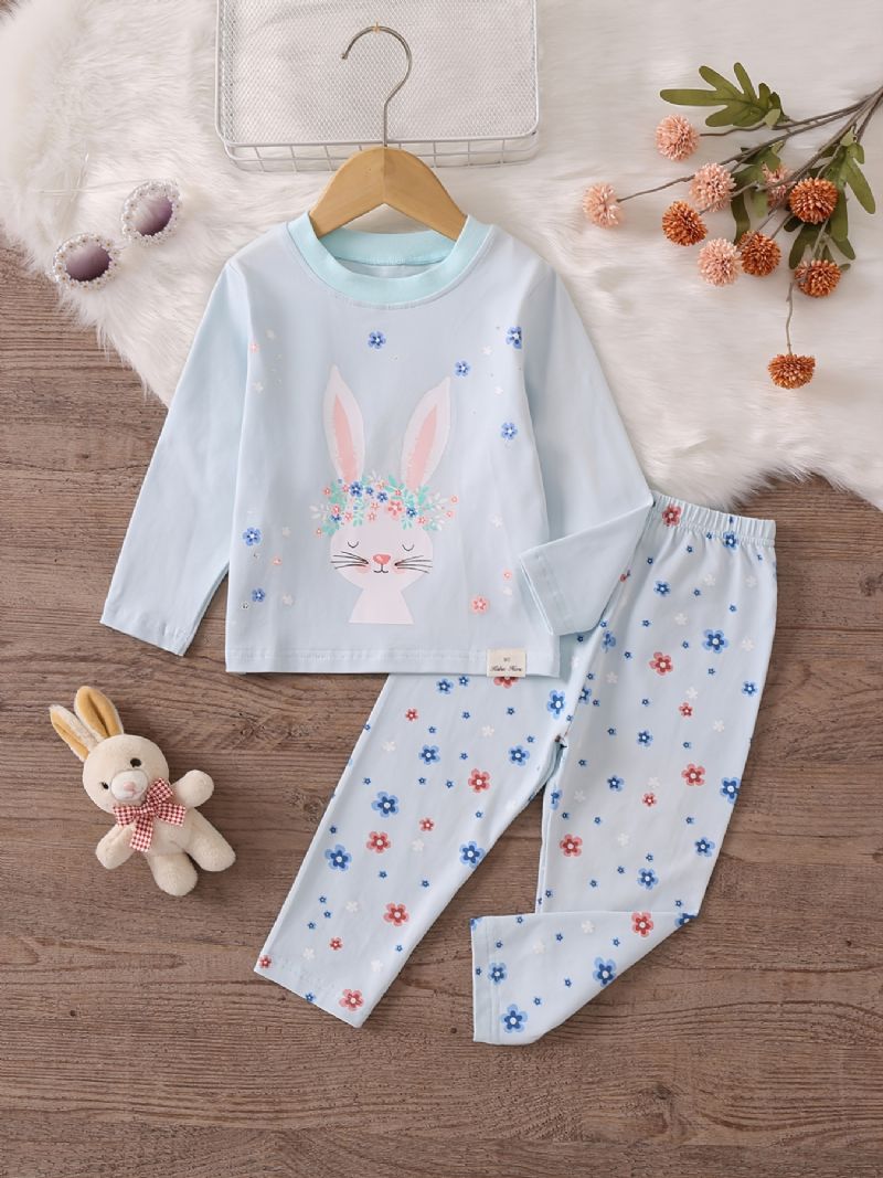 Tyttöjen Pyjamat Perheasu Söpö Rabbit Print Pyöreäpääntie Pitkähihainen Toppi & Kukkaprinttihoususarja Lasten Vaatteet