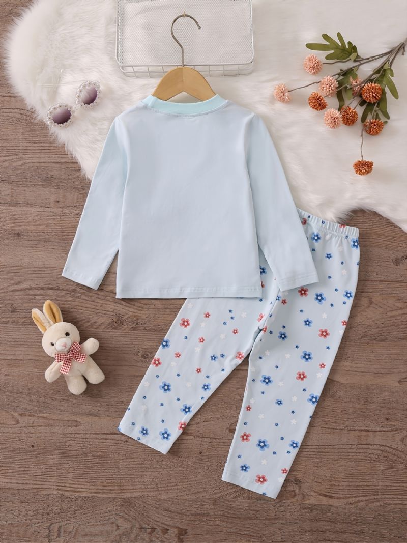 Tyttöjen Pyjamat Perheasu Söpö Rabbit Print Pyöreäpääntie Pitkähihainen Toppi & Kukkaprinttihoususarja Lasten Vaatteet