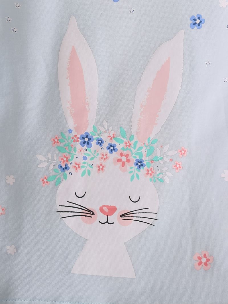 Tyttöjen Pyjamat Perheasu Söpö Rabbit Print Pyöreäpääntie Pitkähihainen Toppi & Kukkaprinttihoususarja Lasten Vaatteet