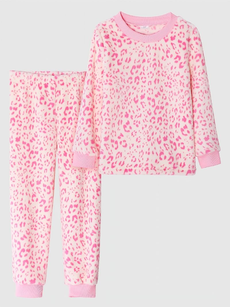 Tyttöjen Pyjamat Perheasu Vaaleanpunainen Leopard Pyöreäpääntie Pitkähihainen Toppi & Housutsetti Lasten Vaatteet
