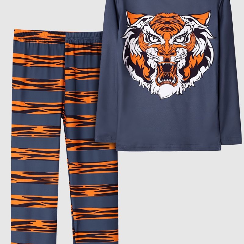 Tyttöjen Pyjamat Perheasut Tiger Print Pyöreäkaula-aukoinen Pitkähihainen Toppi & Housutsetti Lasten Vaatteet