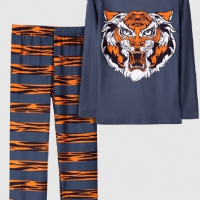 Tyttöjen Pyjamat Perheasut Tiger Print Pyöreäkaula-aukoinen Pitkähihainen Toppi & Housutsetti Lasten Vaatteet