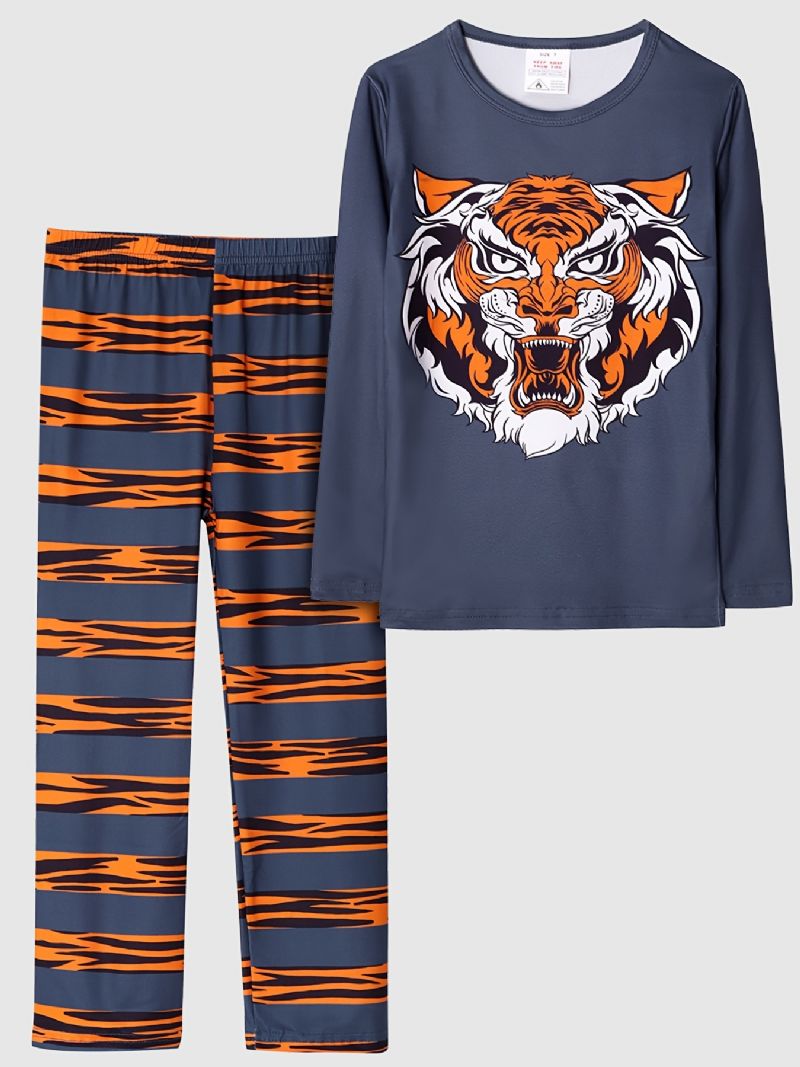 Tyttöjen Pyjamat Perheasut Tiger Print Pyöreäkaula-aukoinen Pitkähihainen Toppi & Housutsetti Lasten Vaatteet