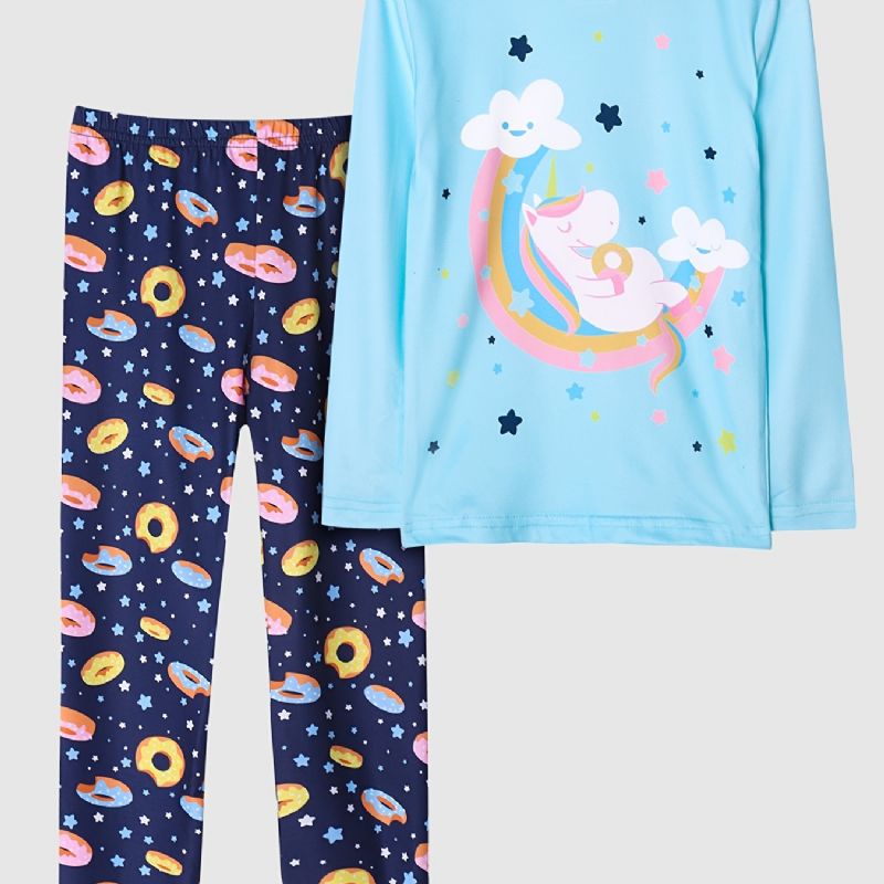 Tyttöjen Pyjamat Unicorn Moon Print Pyöreäkaula-aukoinen Pitkähihainen Toppi & Housutsetti