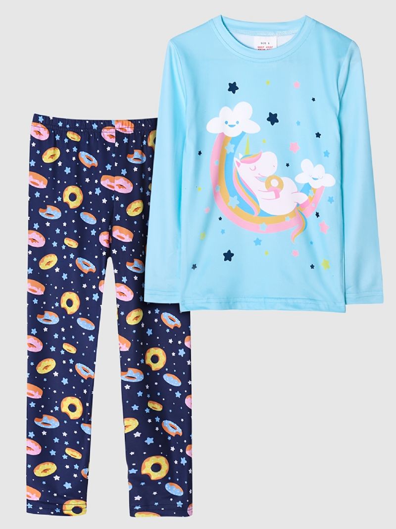 Tyttöjen Pyjamat Unicorn Moon Print Pyöreäkaula-aukoinen Pitkähihainen Toppi & Housutsetti