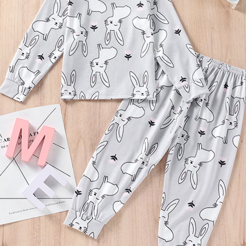 Tyttöjen Rabbit Print Pyöreäpääntiehihattu Ja Housut Pyjama