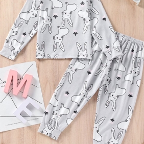 Tyttöjen Rabbit Print Pyöreäpääntiehihattu Ja Housut Pyjama