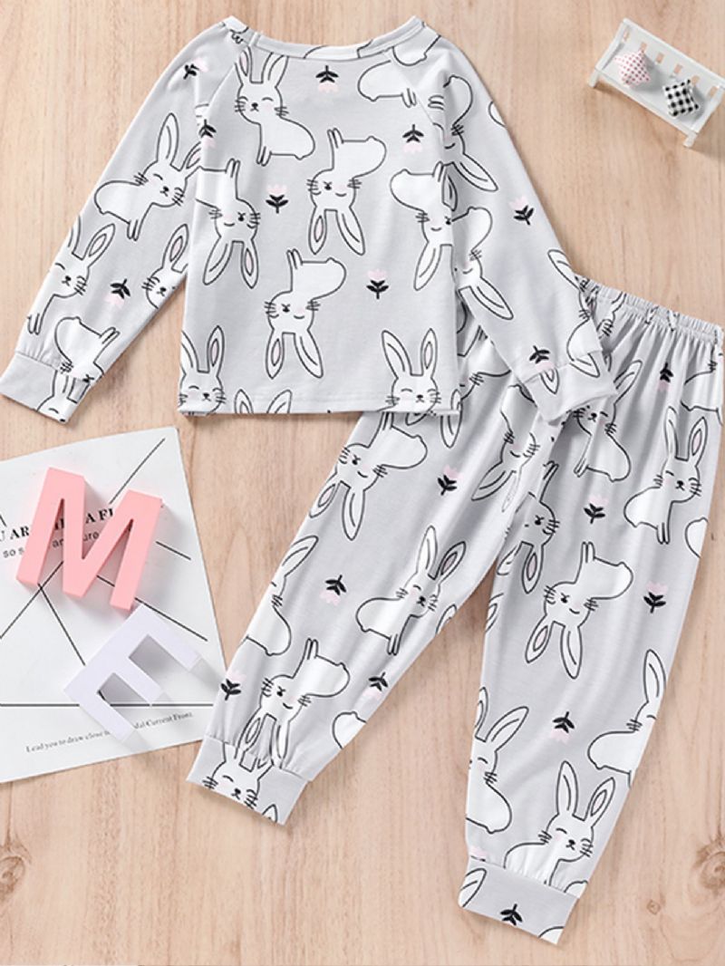 Tyttöjen Rabbit Print Pyöreäpääntiehihattu Ja Housut Pyjama