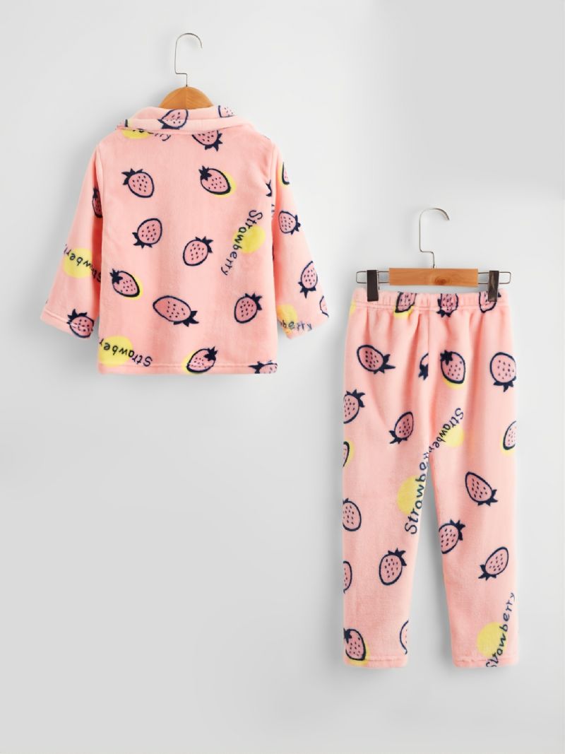 Tyttöjen Söpö Mansikkakuvioinen Flanelli Pitkähihainen Lämmin Pyjamasetti Vaaleanpunainen