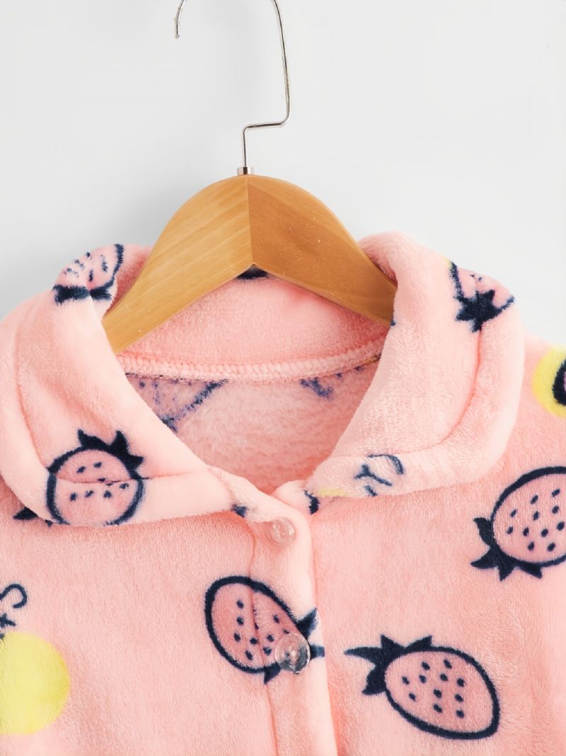 Tyttöjen Söpö Mansikkakuvioinen Flanelli Pitkähihainen Lämmin Pyjamasetti Vaaleanpunainen