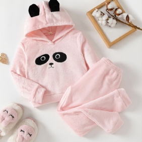 Tyttöjen Söpö Sarjakuva Pandakuvioinen Flanellihupullinen Pyjamasetti Vaaleanpunainen