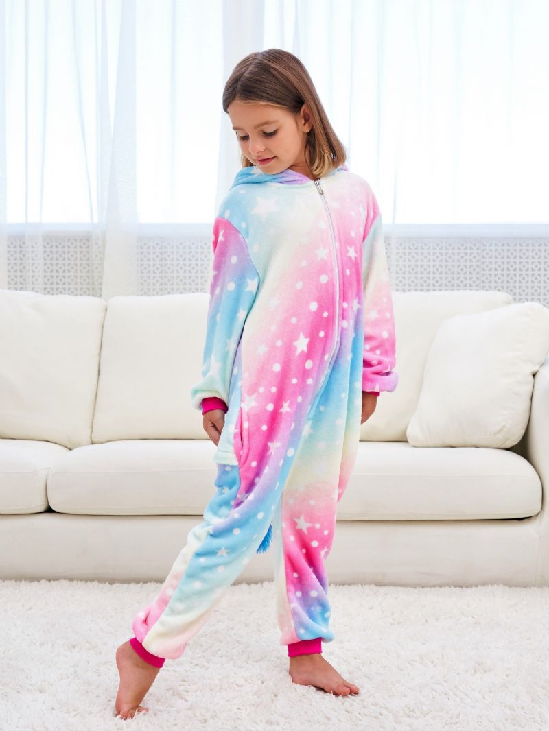 Tyttöjen Söpöt Fleece Lämpösateenkaaren Yksisarviset Hupulliset Pyjamat Kotijuhliin