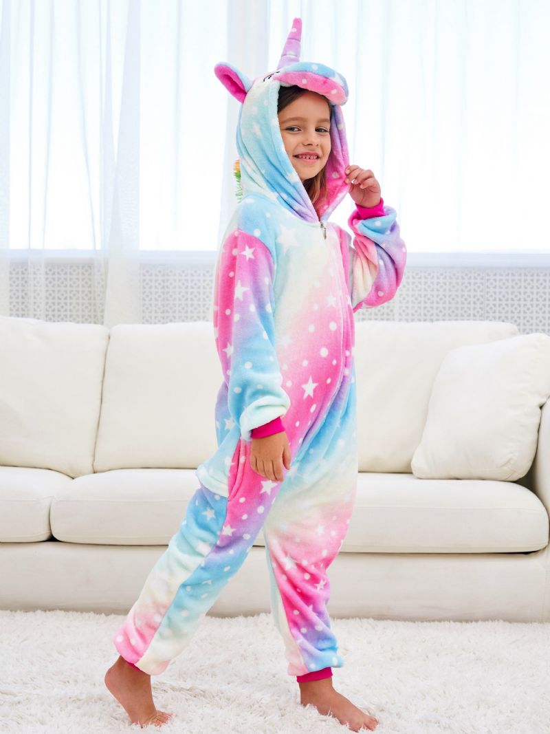 Tyttöjen Söpöt Fleece Lämpösateenkaaren Yksisarviset Hupulliset Pyjamat Kotijuhliin