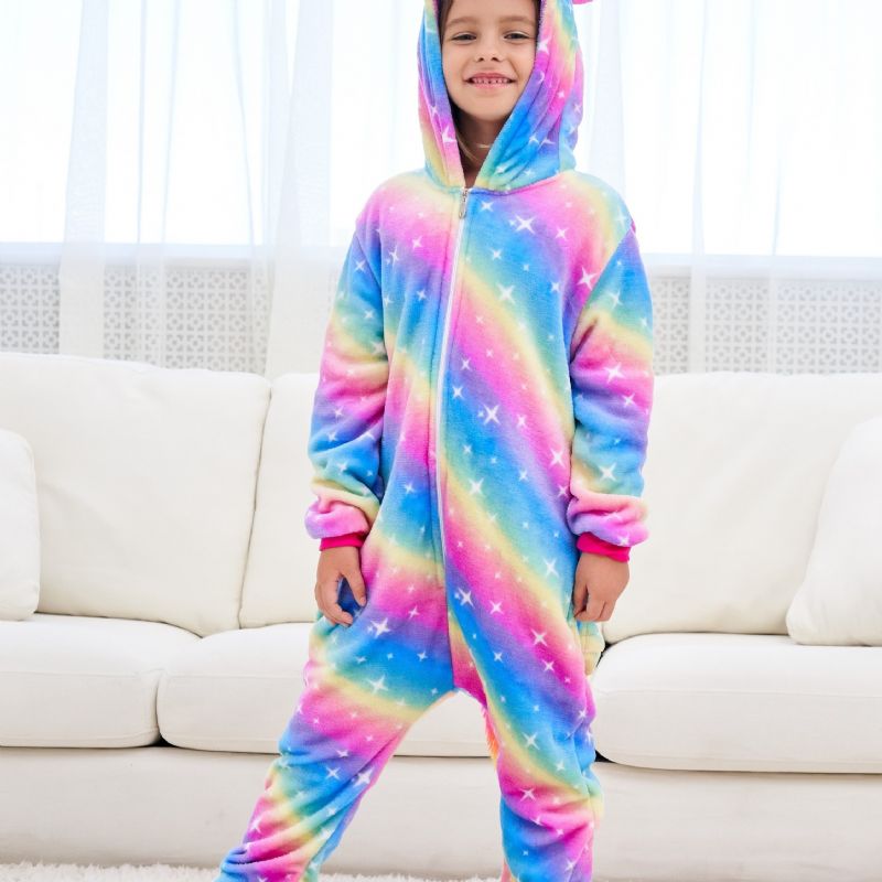 Tyttöjen Söpöt Fleece Thermal Rainbow Unicorn Hupulliset Pyjamat Kotijuhliin Lasten Vaatteet