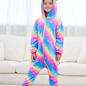 Tyttöjen Söpöt Fleece Thermal Rainbow Unicorn Hupulliset Pyjamat Kotijuhliin Lasten Vaatteet