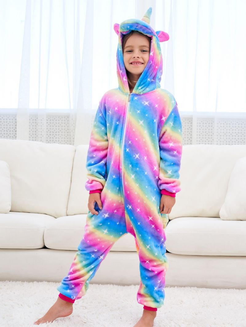 Tyttöjen Söpöt Fleece Thermal Rainbow Unicorn Hupulliset Pyjamat Kotijuhliin Lasten Vaatteet