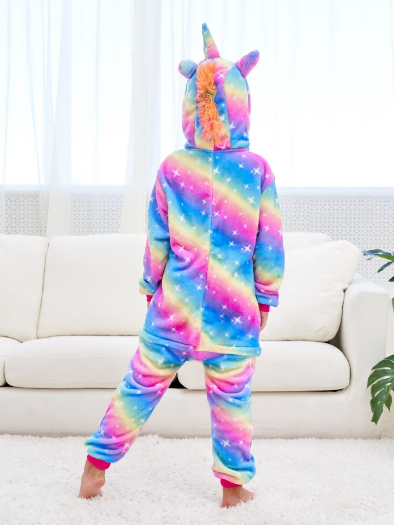 Tyttöjen Söpöt Fleece Thermal Rainbow Unicorn Hupulliset Pyjamat Kotijuhliin Lasten Vaatteet