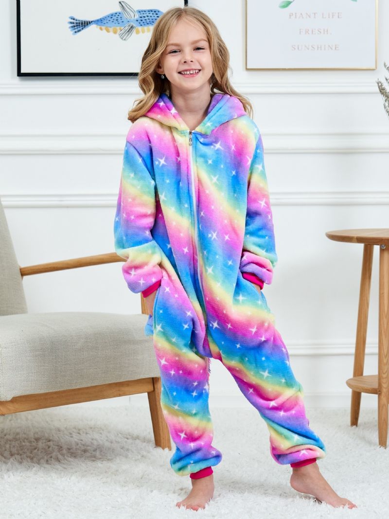 Tyttöjen Söpöt Fleece Thermal Rainbow Unicorn Hupulliset Pyjamat Kotijuhliin Lasten Vaatteet