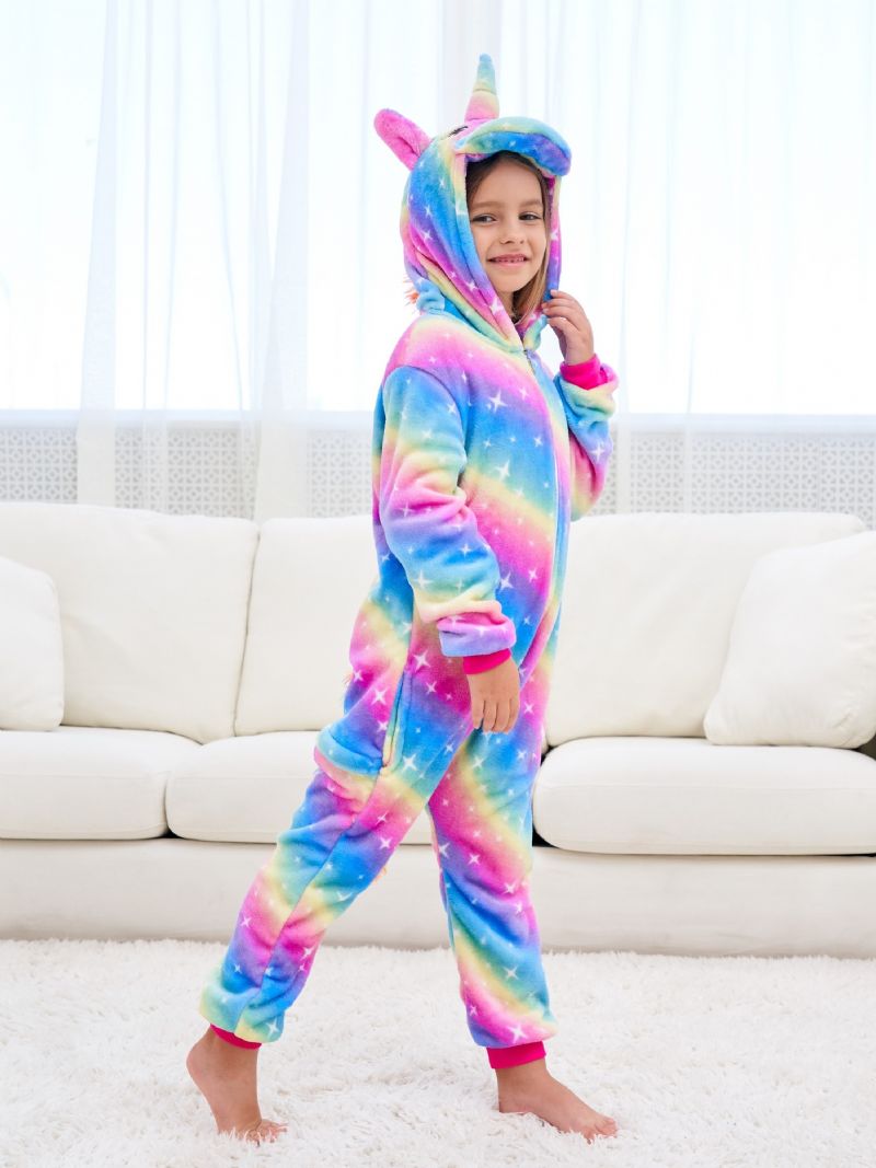 Tyttöjen Söpöt Fleece Thermal Rainbow Unicorn Hupulliset Pyjamat Kotijuhliin Lasten Vaatteet