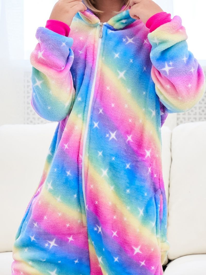 Tyttöjen Söpöt Fleece Thermal Rainbow Unicorn Hupulliset Pyjamat Kotijuhliin Lasten Vaatteet