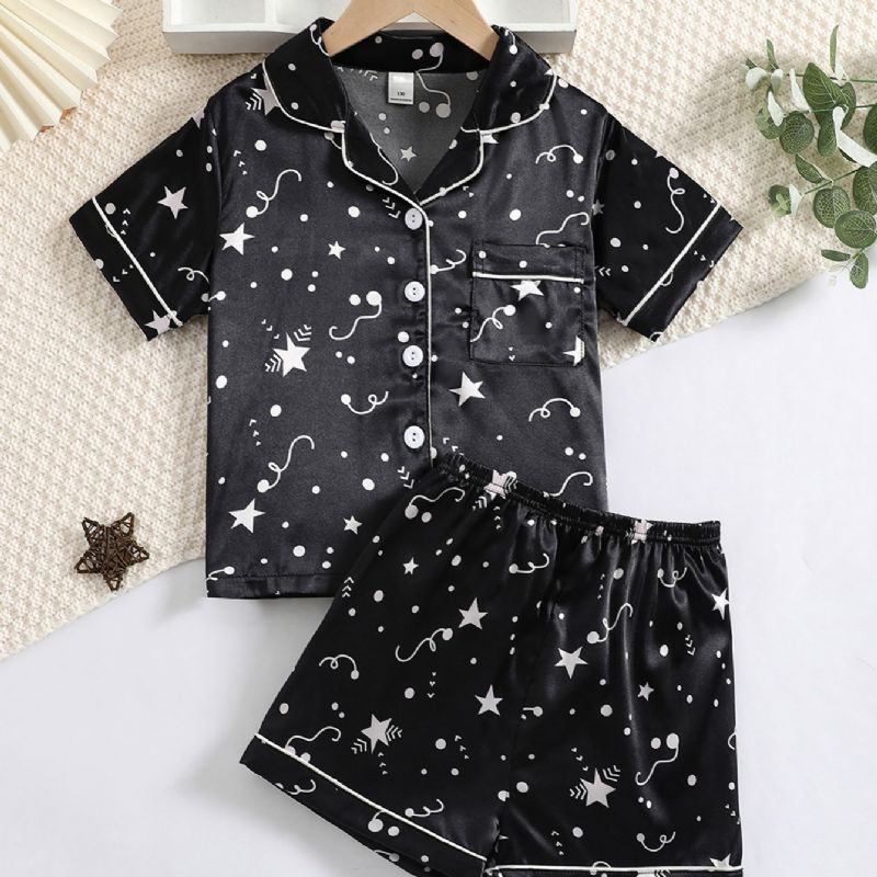 Tyttöjen Star Print Graphic Satin Lapel Neck Pyjama Set