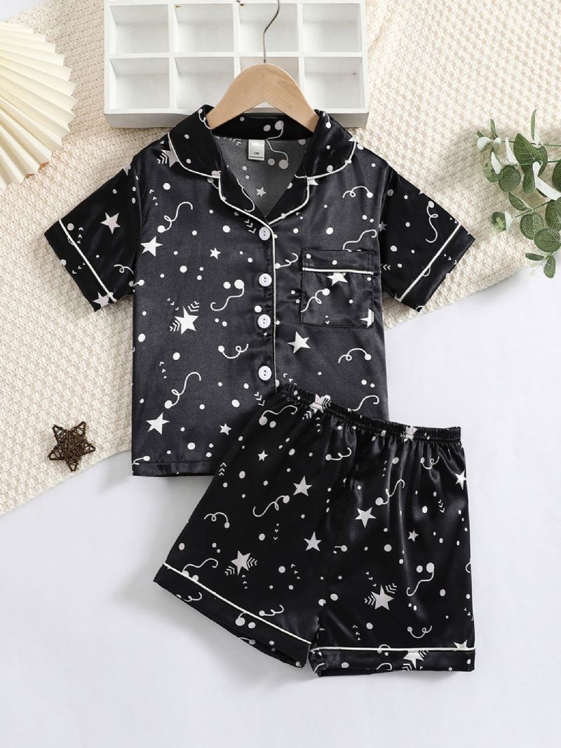 Tyttöjen Star Print Graphic Satin Lapel Neck Pyjama Set