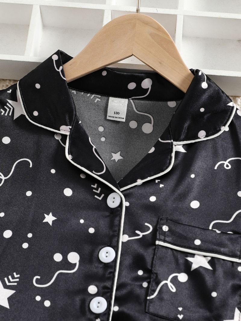 Tyttöjen Star Print Graphic Satin Lapel Neck Pyjama Set