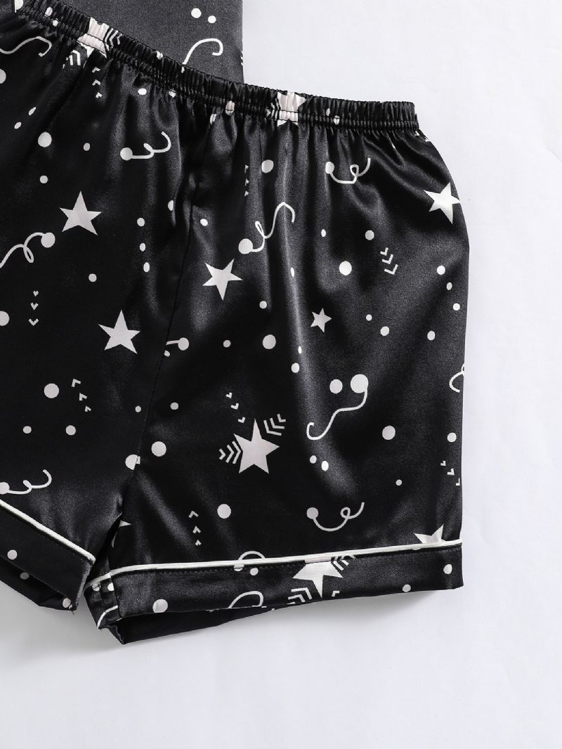 Tyttöjen Star Print Graphic Satin Lapel Neck Pyjama Set