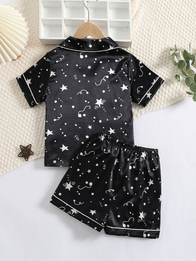 Tyttöjen Star Print Graphic Satin Lapel Neck Pyjama Set