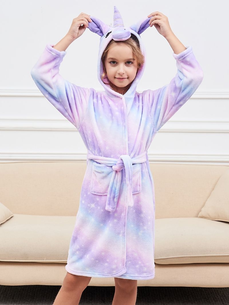 Tyttöjen Unicorn-hupullinen Kylpytakki Kirkas Purppura Galaxy Fleece Lasten Vaatteet Yöpuvut