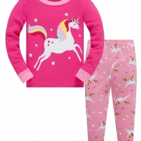 Tyttöjen Värillinen Yksisarvinen Sarjakuva Eläin Pitkähihainen Pyjamasetti