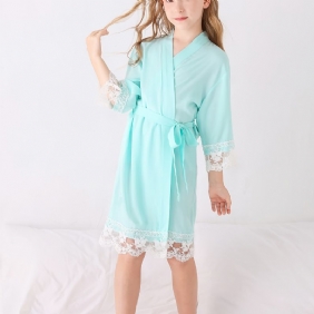 Tyttövauvat Satiinikylpytakki Sininen V-kaula-pyjamat Syntymäpäiväjuhla Kylpylä Lasten Vaatteet