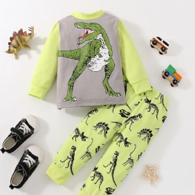 Vauvan Poikien Pyjama Dinosaur Print Pyöreäkaula-aukoinen Pitkähihainen Toppi & Housutsetti