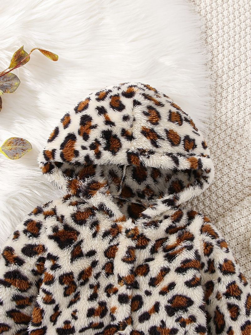 Tyttöjen Rento Leopardikuvioinen Hupullinen Takki Pehmeä Fleece Lämpöneuletakainen Ulkovaatteet Talveksi