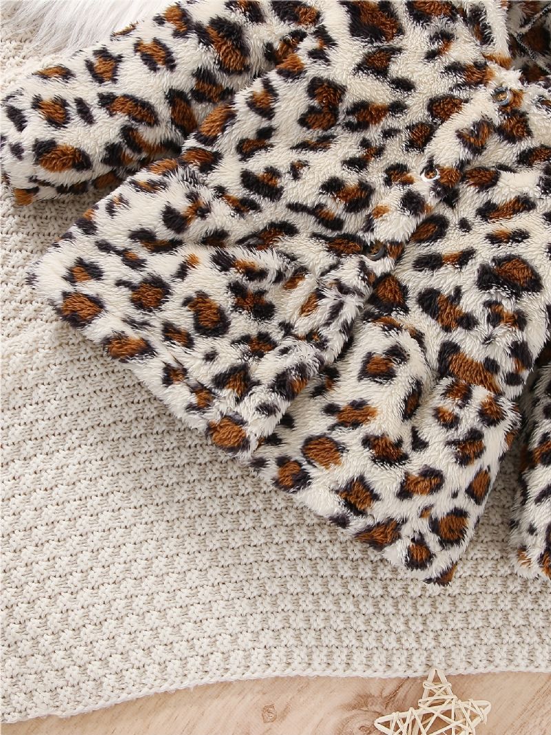 Tyttöjen Rento Leopardikuvioinen Hupullinen Takki Pehmeä Fleece Lämpöneuletakainen Ulkovaatteet Talveksi