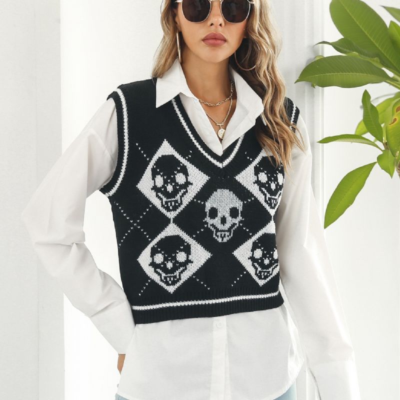 Naisten Neulepuserot Y2k Halloween Skull Jacquard Argyle Tank Sweater Taapero Tyttöjen Western Hem Neulepusero