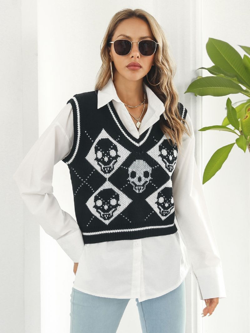 Naisten Neulepuserot Y2k Halloween Skull Jacquard Argyle Tank Sweater Taapero Tyttöjen Western Hem Neulepusero