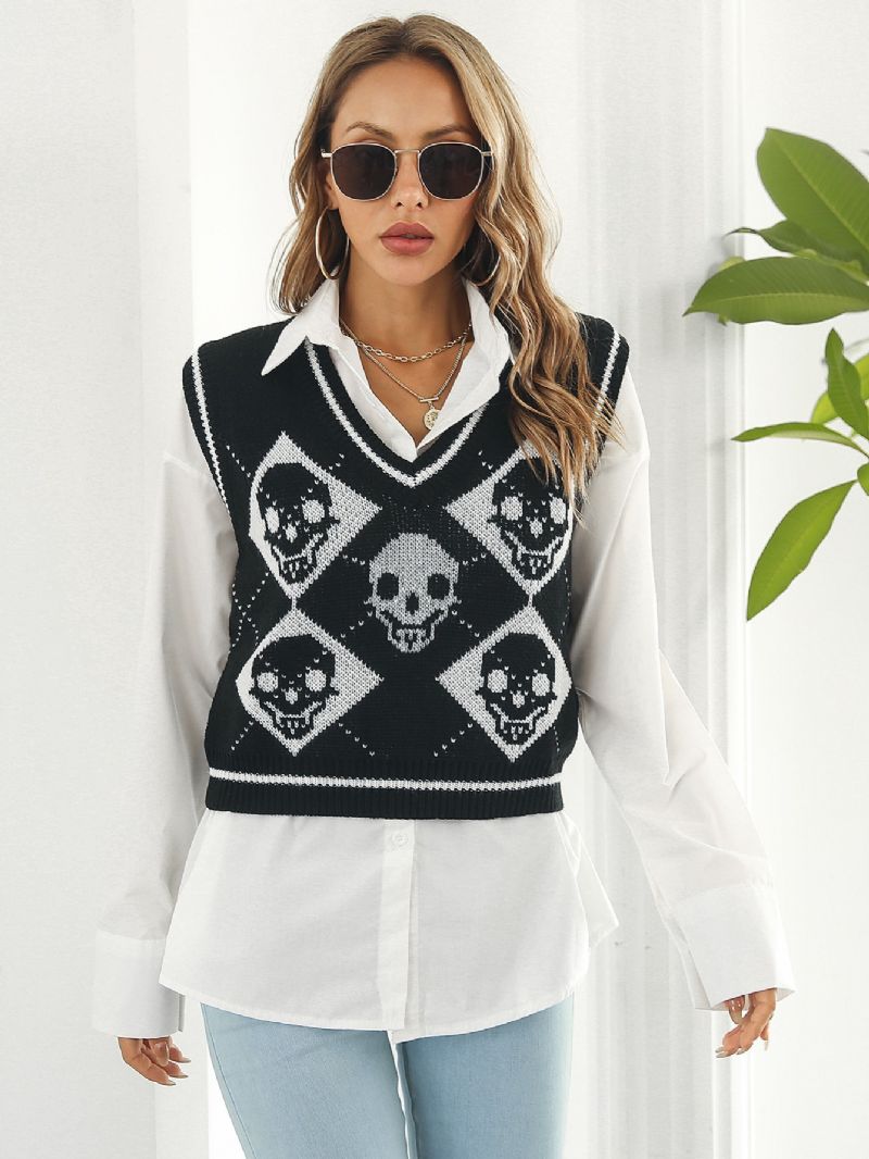 Naisten Neulepuserot Y2k Halloween Skull Jacquard Argyle Tank Sweater Taapero Tyttöjen Western Hem Neulepusero