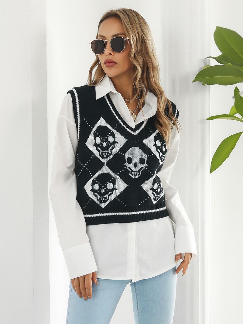 Naisten Neulepuserot Y2k Halloween Skull Jacquard Argyle Tank Sweater Taapero Tyttöjen Western Hem Neulepusero