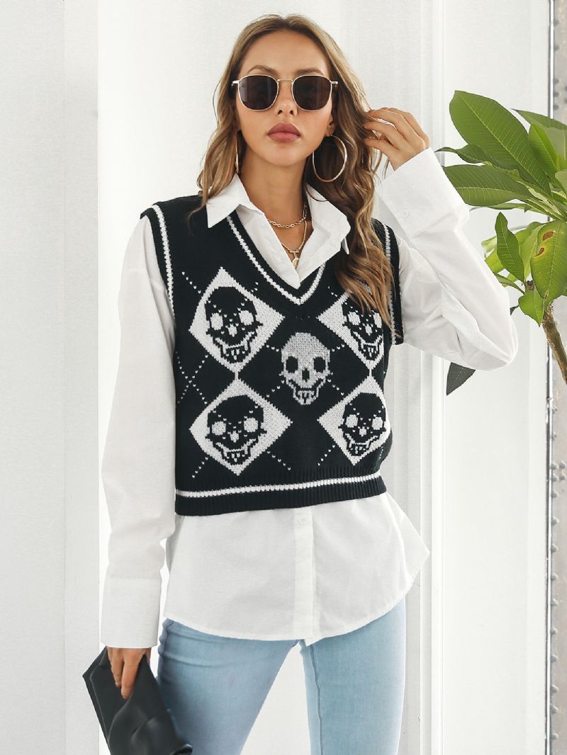 Naisten Neulepuserot Y2k Halloween Skull Jacquard Argyle Tank Sweater Taapero Tyttöjen Western Hem Neulepusero