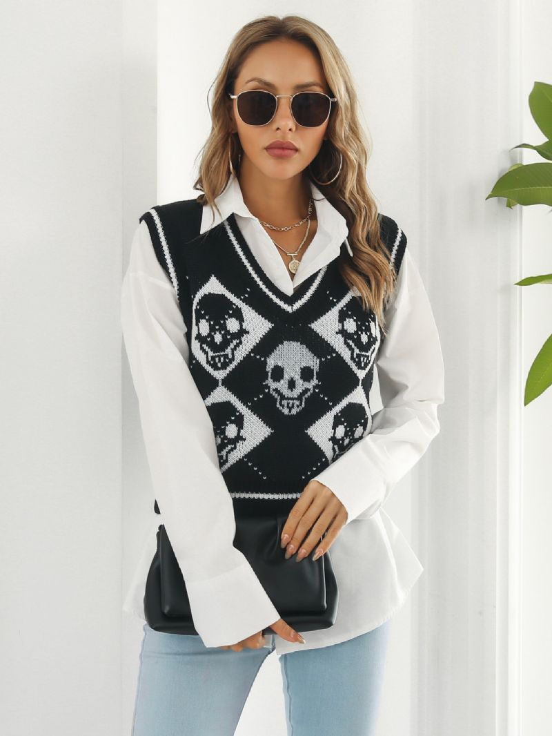 Naisten Neulepuserot Y2k Halloween Skull Jacquard Argyle Tank Sweater Taapero Tyttöjen Western Hem Neulepusero