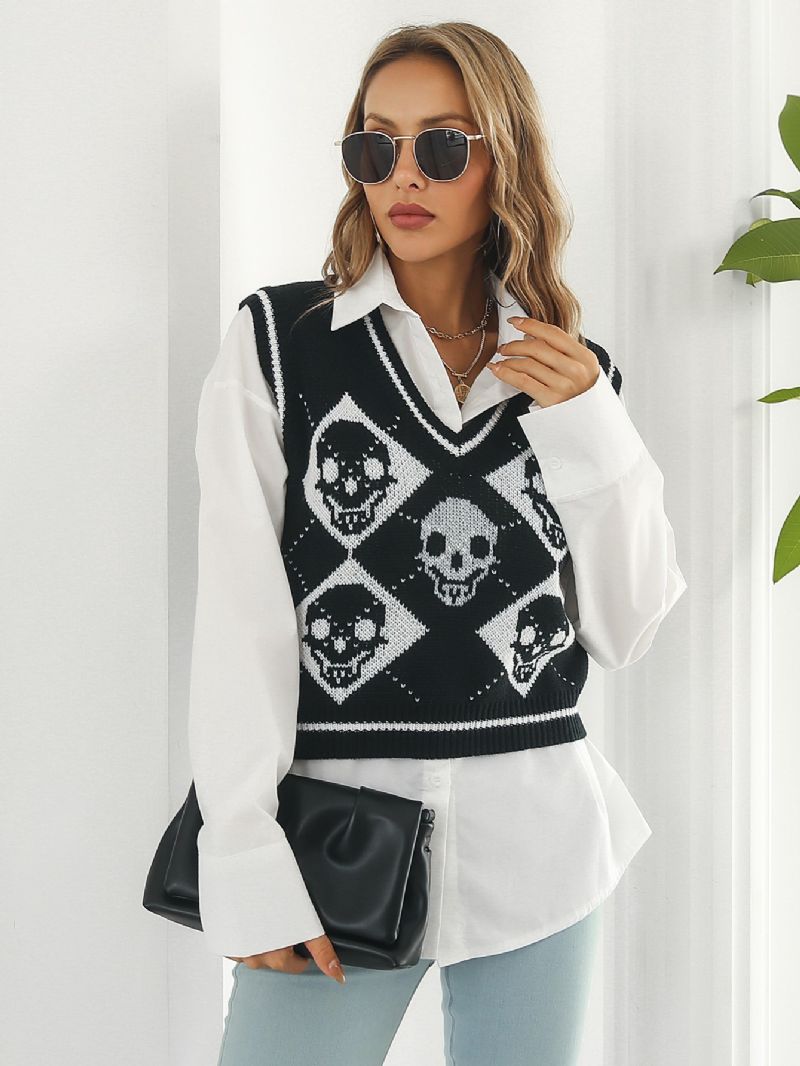 Naisten Neulepuserot Y2k Halloween Skull Jacquard Argyle Tank Sweater Taapero Tyttöjen Western Hem Neulepusero