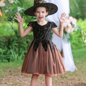 Lasten Tyttöjen Halloween Tylli Witches Cosplay Mekko Lyhythihainen Messujuhlapuku Harsohame Puku Syntymäpäiväjuhlamekko Ja Hattu