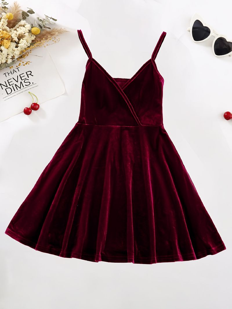 Tytöt Burgundy Velvet Spaghetti Stap Cami Dress Lasten Vaatteet