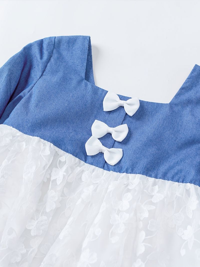 Tyttöjen Bowknot Denim Pitsinen Pitkähihainen Mekko