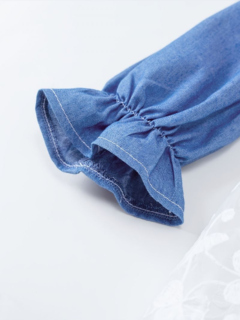 Tyttöjen Bowknot Denim Pitsinen Pitkähihainen Mekko