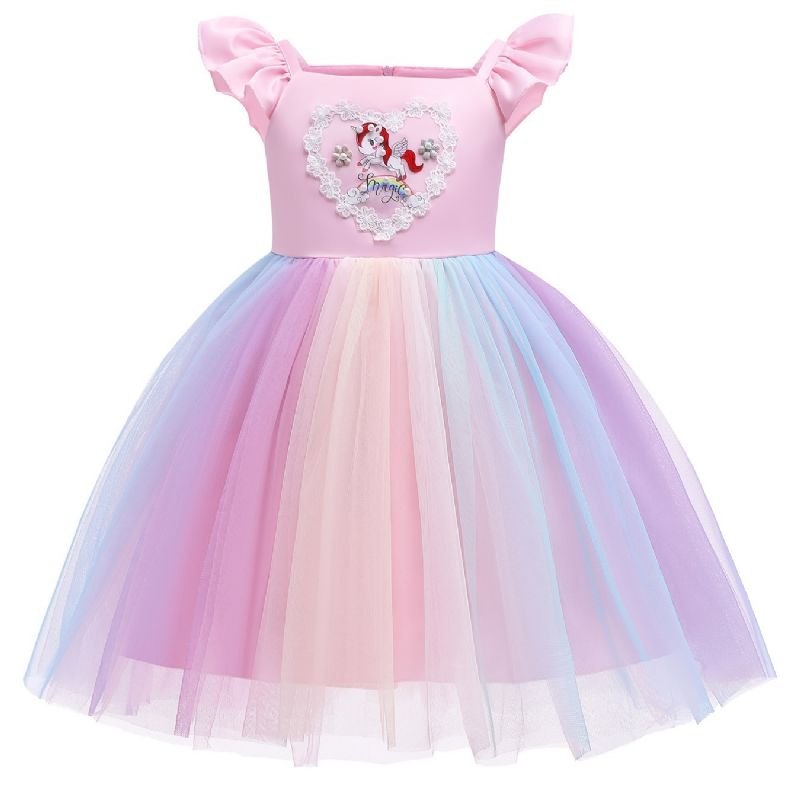 Tyttöjen Prinsessamekko Perhohihainen Sateenkaari Unicorn Mesh Tutu Mekko Performanssimekko Häät Kukka Tytöt Iltaisin Syntymäpäiväjuhliin Lasten Vaatteet