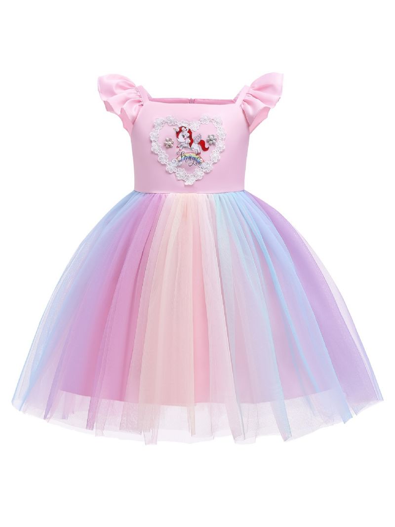 Tyttöjen Prinsessamekko Perhohihainen Sateenkaari Unicorn Mesh Tutu Mekko Performanssimekko Häät Kukka Tytöt Iltaisin Syntymäpäiväjuhliin Lasten Vaatteet