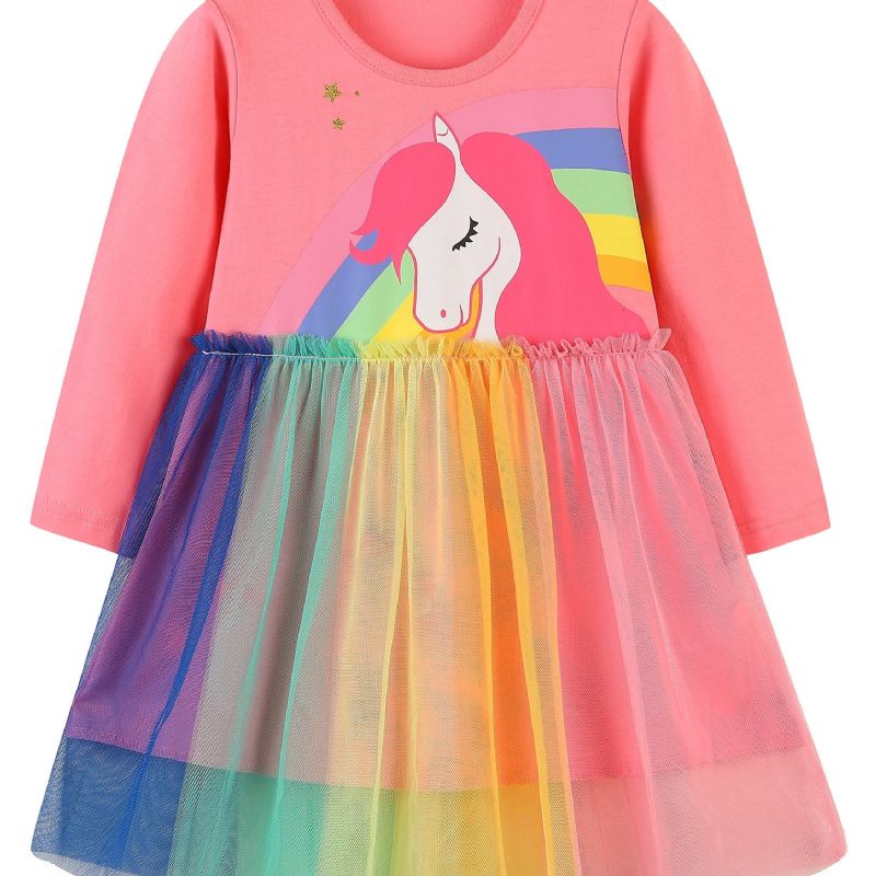 Tyttöjen Rainbow Unicorn Pattern Verkkomekko Lasten Vaatteet