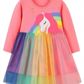 Tyttöjen Rainbow Unicorn Pattern Verkkomekko Lasten Vaatteet